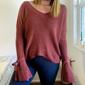 Express V-Neck, Off-the-Shoulder Sweater with Bell Sleeves - Rust - Size XS